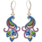 Colorful peacock earrings with vibrant gemstones in silver setting, perfect for adding elegance to any outfit.