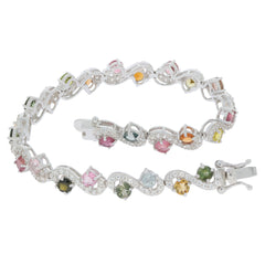 Round multiple color tourmaline sterling silver bracelet with sparkling gemstone accents.