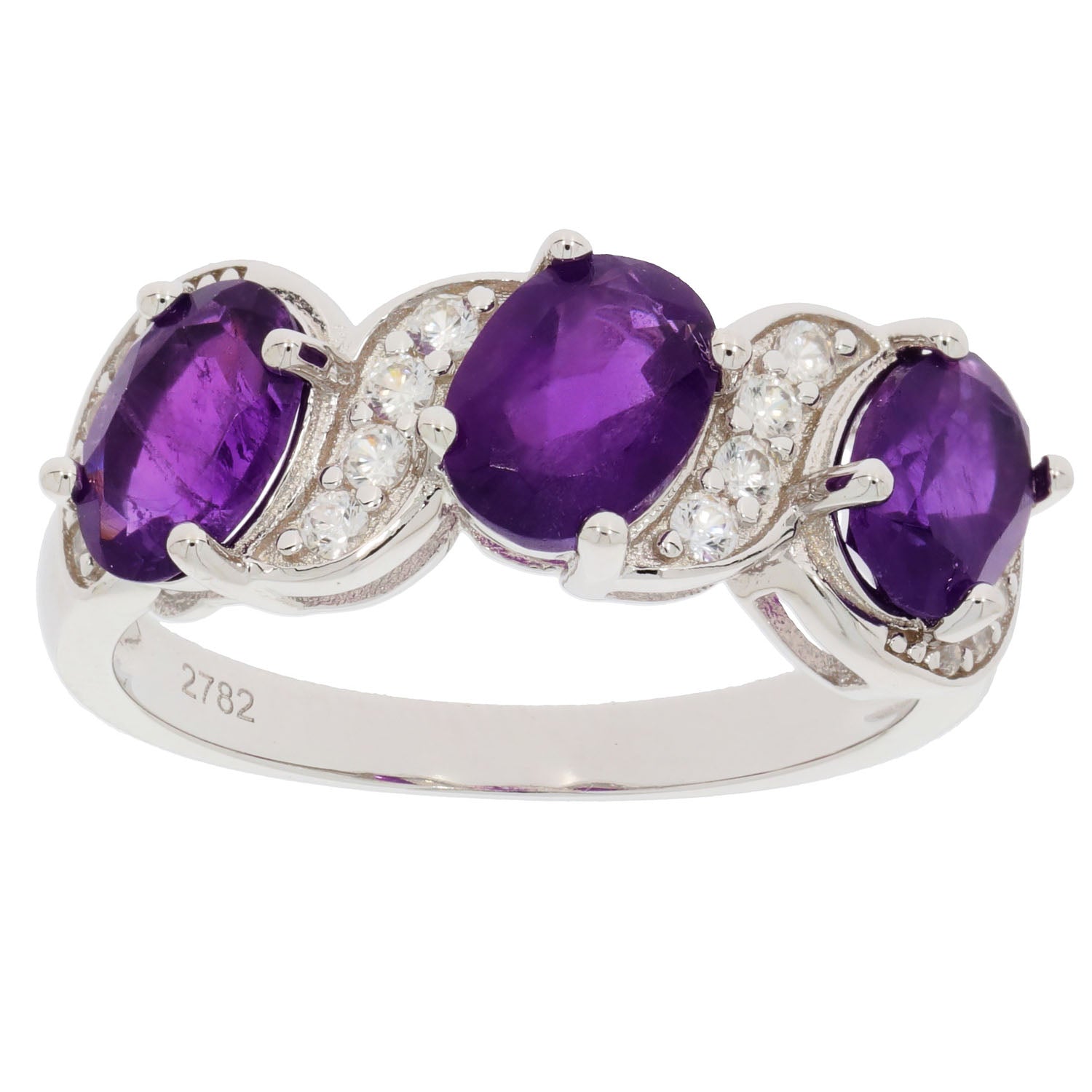 Oval purple amethyst sterling silver ring with sparkling accents, showcasing elegant design and gemstone beauty.