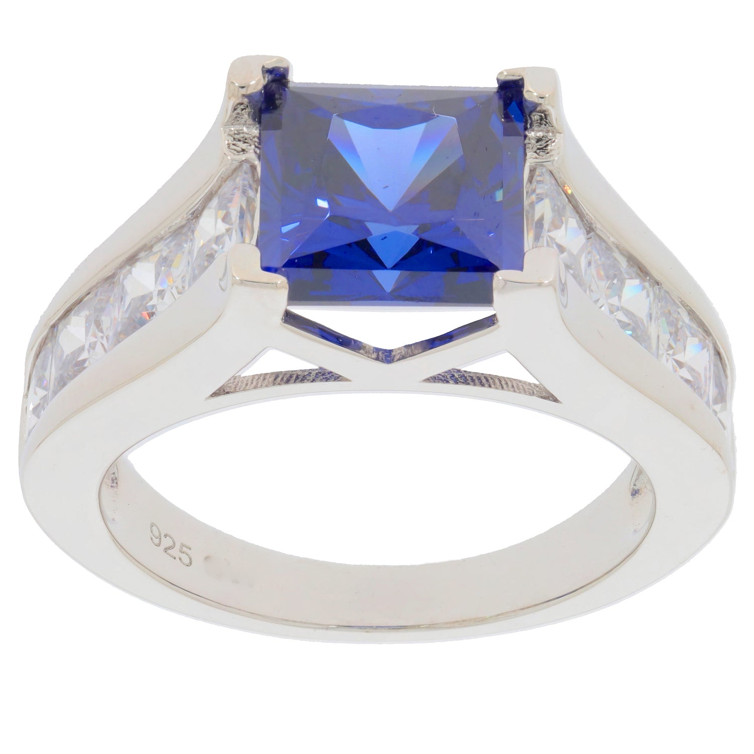 Elegant Princess Blue Sapphire Sterling Silver Ring with sparkling accent stones, showcasing timeless luxury.