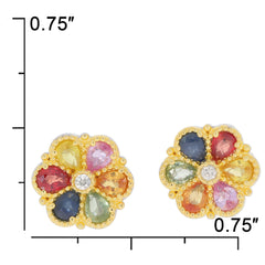 Multiple color sapphire sterling silver earrings with gold accent, floral design, elegant gemstone sparkle.