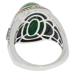 Elegant oval green jadeite sterling silver ring with intricate design and gemstone accents.