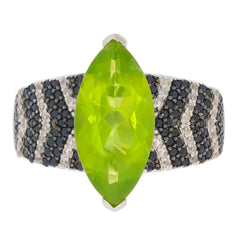 Marquise green peridot sterling silver ring with black accents, showcasing a vibrant gemstone and elegant design.