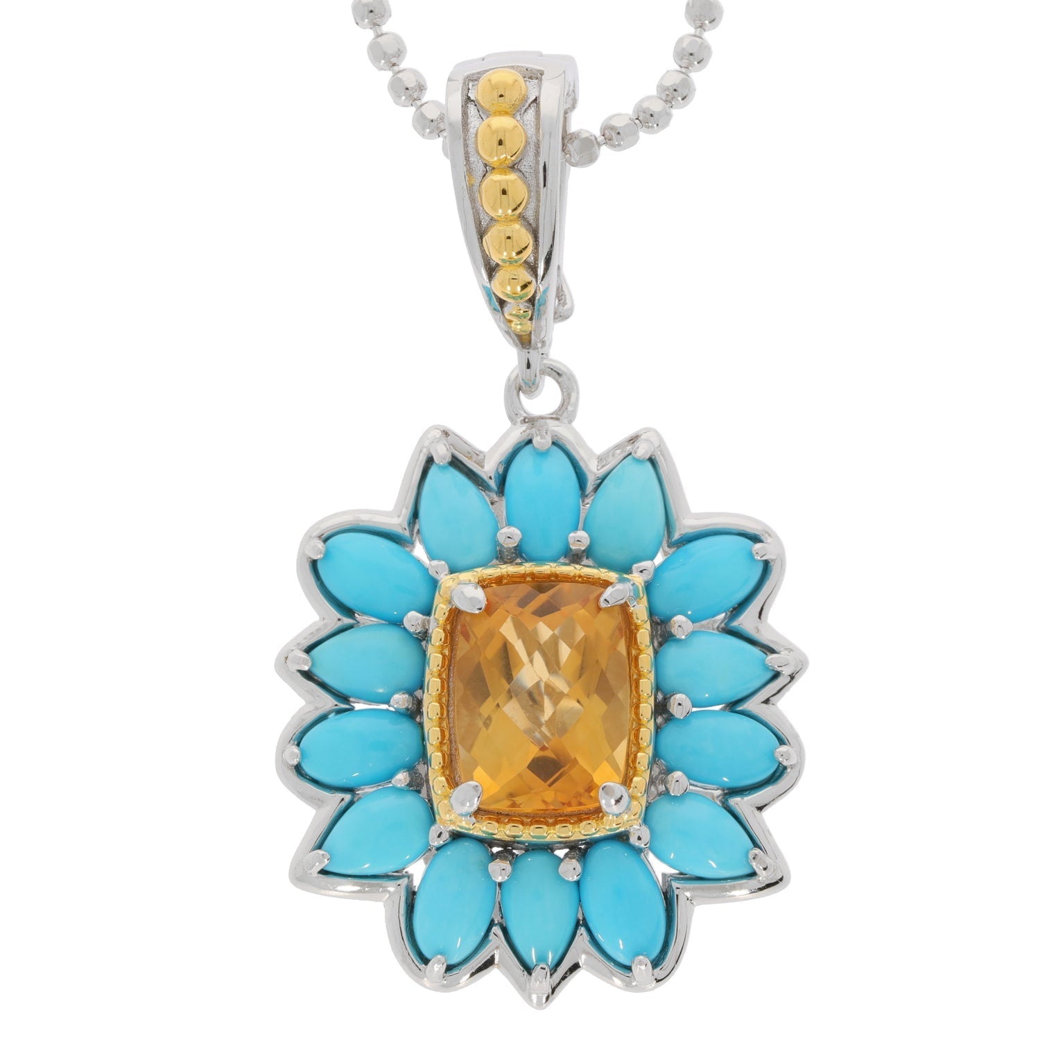 Cushion Yellow Citrine Sterling Silver Pendant with Turquoise Accents, elegant gemstone jewelry, luxury accessory