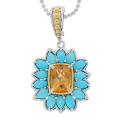 Cushion Yellow Citrine Sterling Silver Pendant with Turquoise Accents, elegant gemstone jewelry, luxury accessory