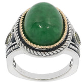 Oval green jadeite sterling silver ring with gold accents showcasing elegance and luxury.