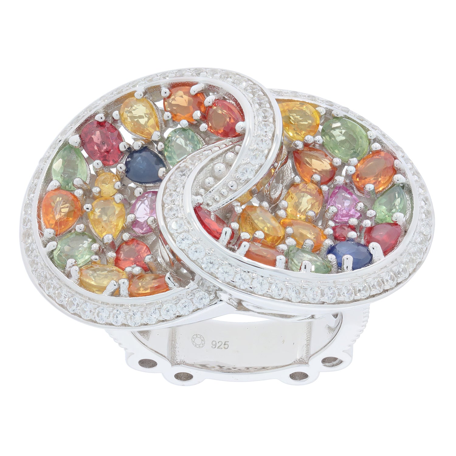 Multiple color sapphire sterling silver ring with diamond accents, featuring a unique swirl design and vibrant gemstones.