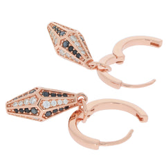 Rose gold earrings featuring black and clear diamond accents for a luxurious and elegant look.