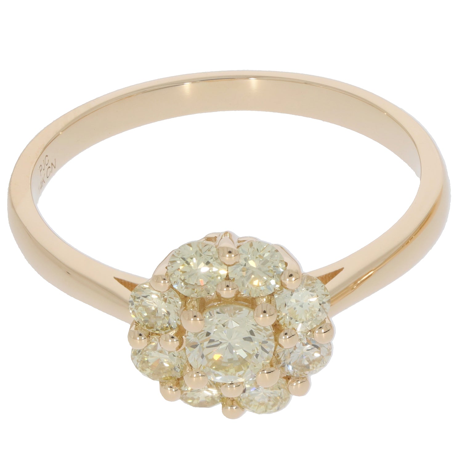 Round green diamond ring in 14K yellow gold, featuring a cluster of sparkling gemstones for elegant jewelry style.