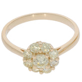 Round green diamond ring in 14K yellow gold, featuring a cluster of sparkling gemstones for elegant jewelry style.