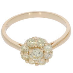 Round green diamond ring in 14K yellow gold, featuring a cluster of sparkling gemstones for elegant jewelry style.