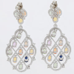 Oval multi-color sapphire sterling silver earrings featuring a sparkling gemstone and intricate design.
