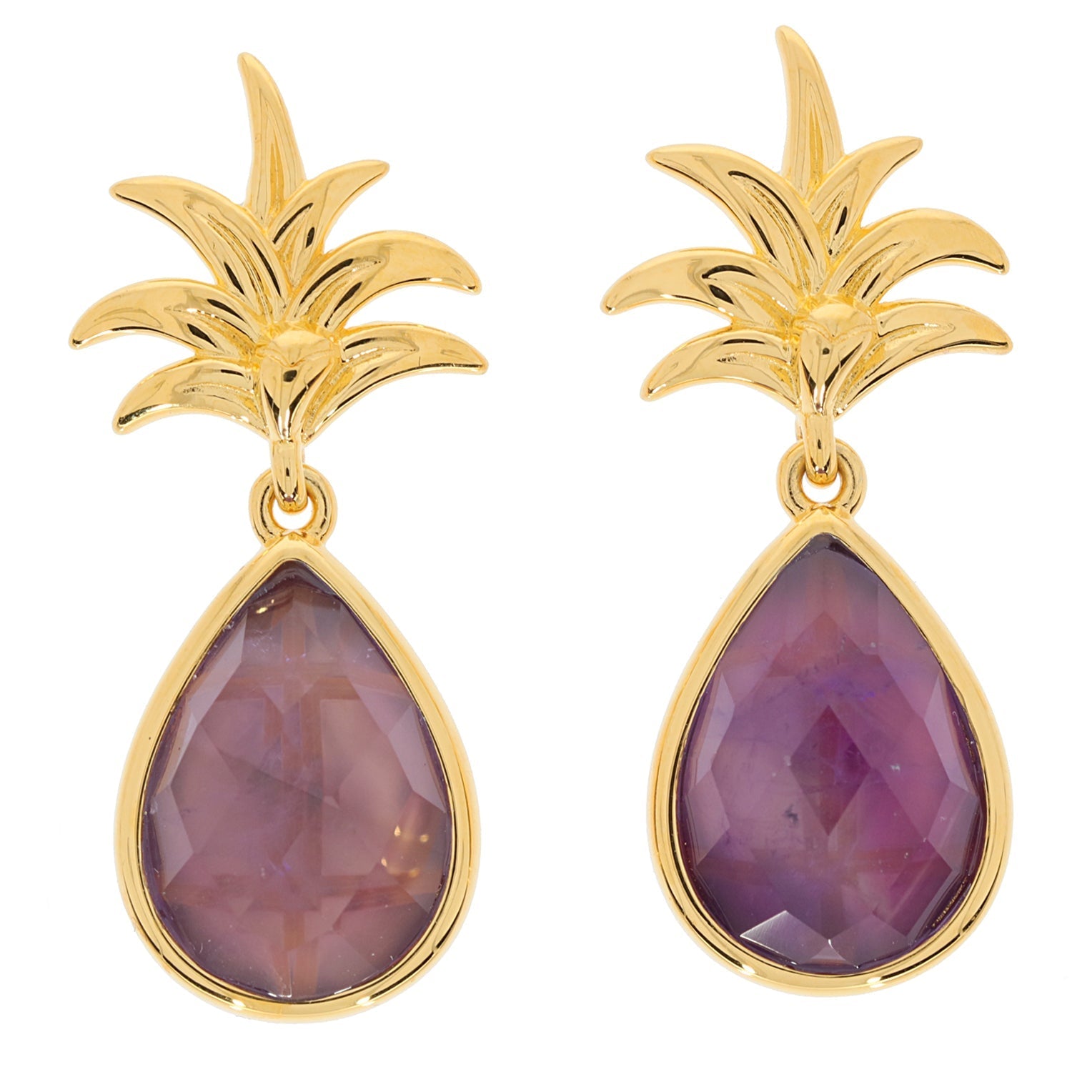 Sterling silver semi mount earrings with purple pear-shaped gemstones, pineapple theme, custom made, unique accessory.