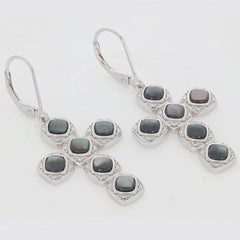 Elegant silver cross earrings featuring cushion-cut black stones and intricate detailing, perfect for adding sophistication.