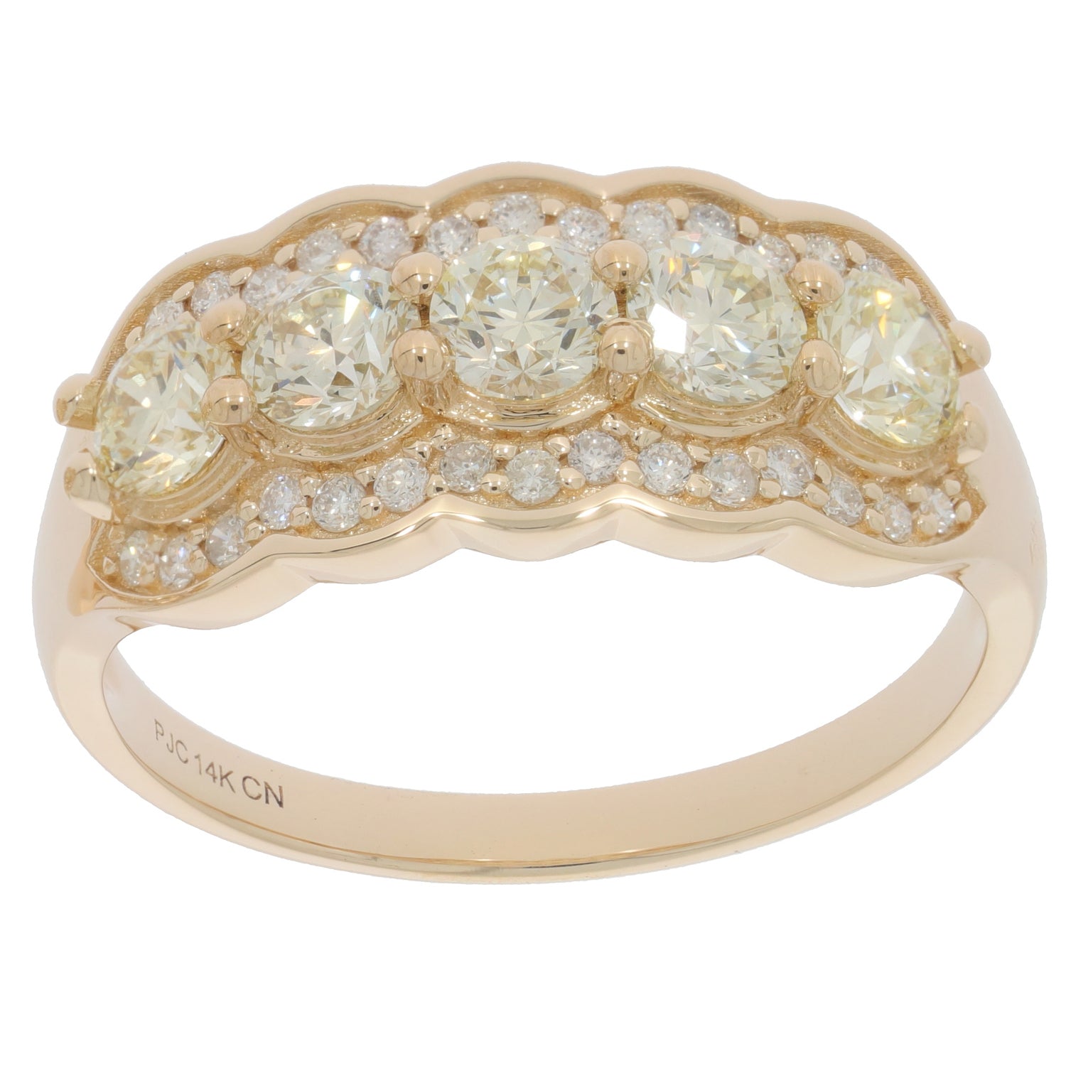 14K yellow gold ring featuring three round diamonds and sparkling accents, perfect for elegant jewelry collections.