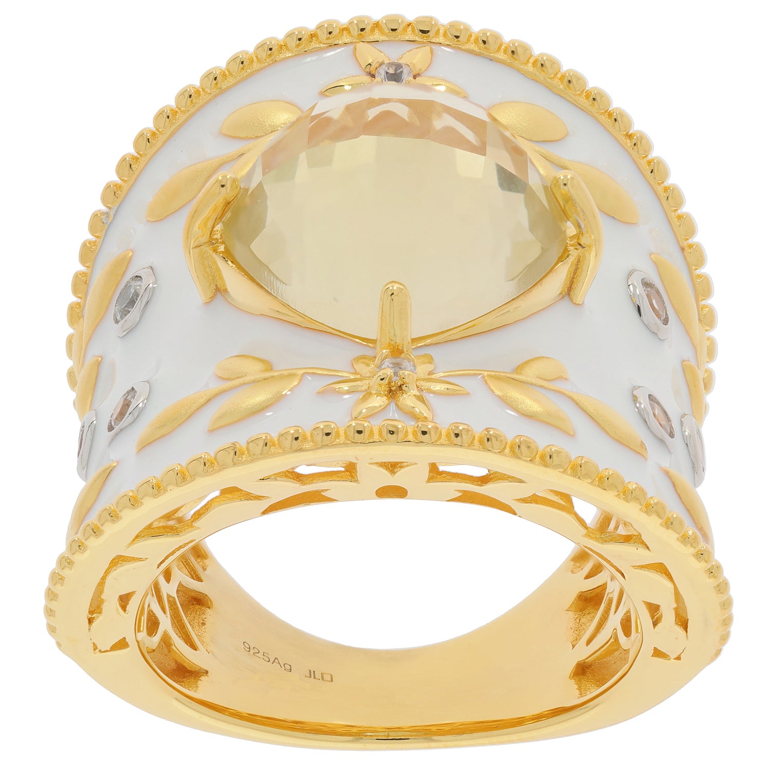 Cushion Green Amethyst Sterling Silver Ring with gold accents, featuring a sparkling gemstone and elegant design.