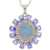 Elegant Blue Opal Sterling Silver Pendant with sparkling purple gemstone accents, perfect for a sophisticated jewelry collection.