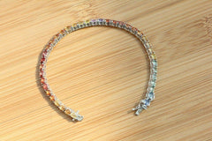 7 CT Genuine Natural Multi Color Sapphire Sterling Silver Tennis Bracelet 6.75"