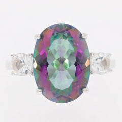 Oval Mystic Topaz Sterling Silver Ring with accent stones, showcasing vibrant colors and elegant design.