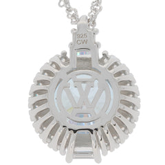 Round silver pendant featuring a VW logo design, set with a sparkling gemstone, ideal for car enthusiasts.