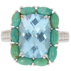 Cushion blue topaz sterling silver ring with turquoise accents, showcasing elegance and luxury.