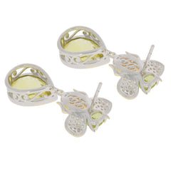 Elegant oval green peridot sterling silver earrings with butterfly design and sparkling gemstone accents.
