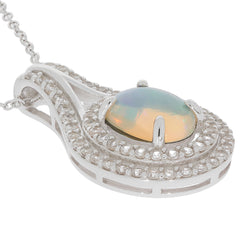 Oval white opal sterling silver pendant with sparkling accents, showcasing elegant craftsmanship and luxury design.
