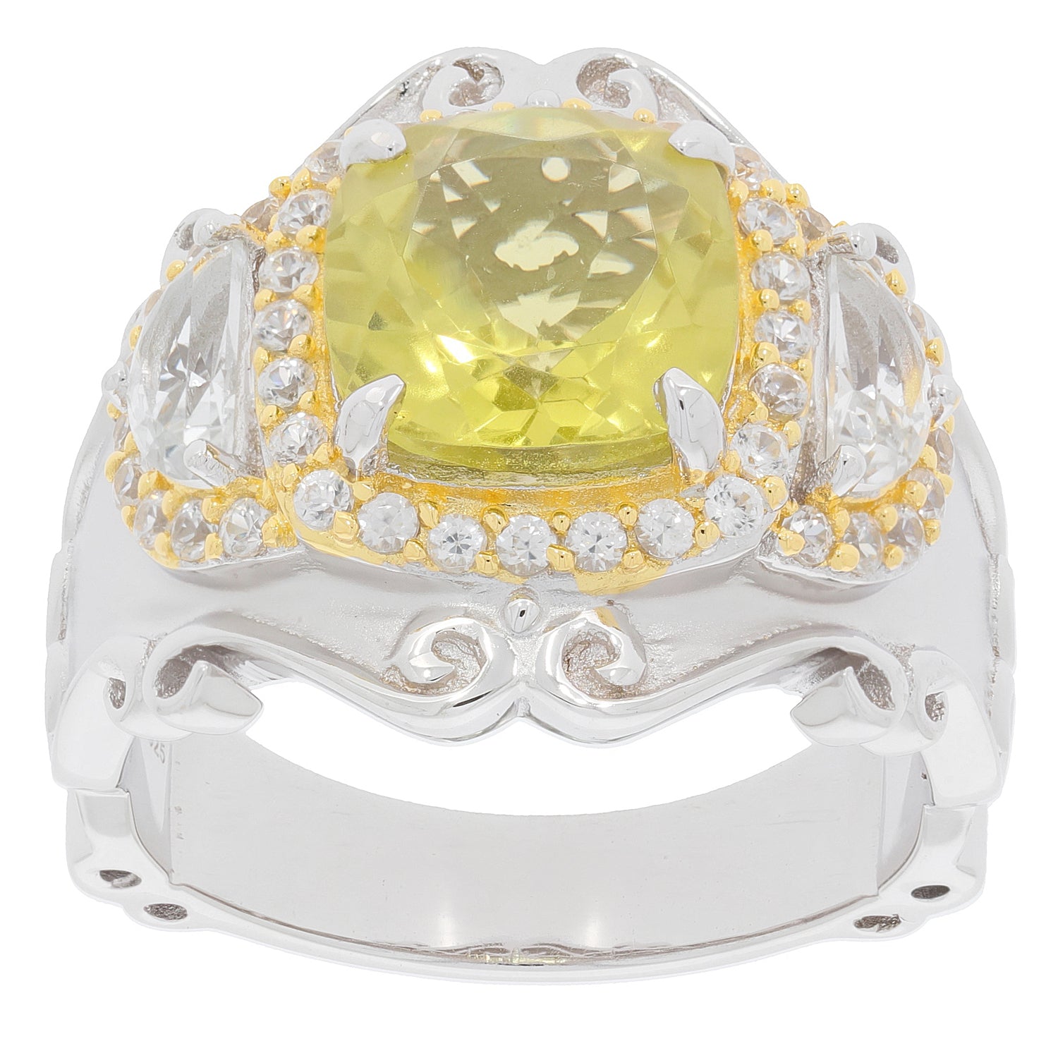 Cushion yellow sapphire sterling silver ring with accent stones, showcasing elegance and luxury in jewelry.