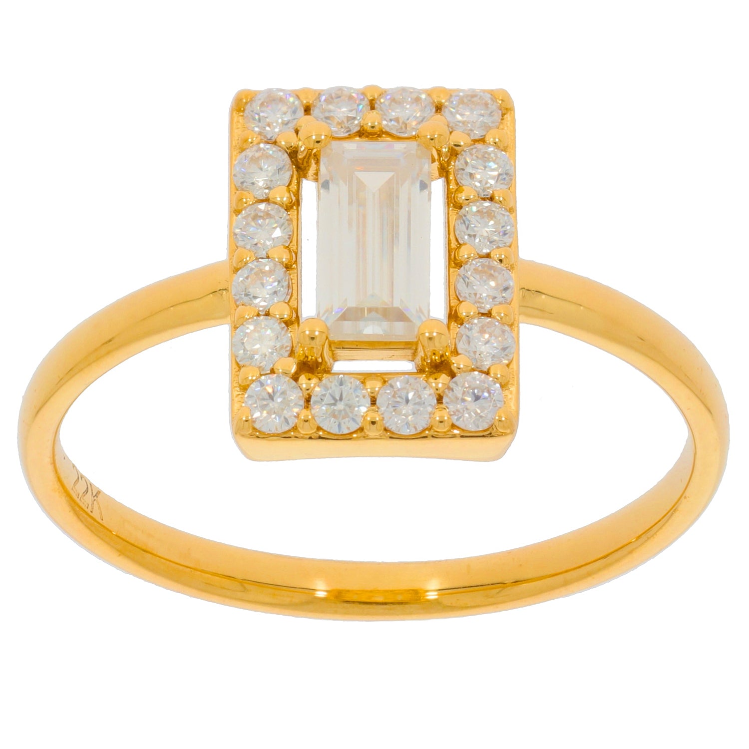 Elegant gold ring featuring an emerald-cut diamond center stone surrounded by sparkling smaller diamonds.