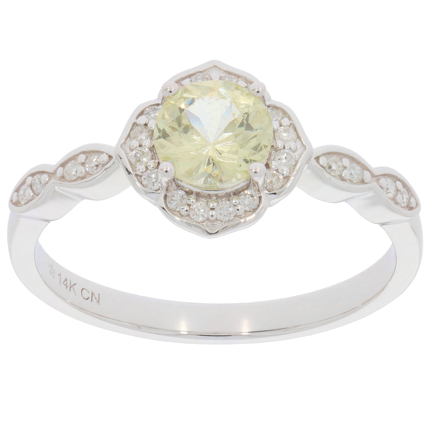 14K white gold ring featuring a yellow gemstone center and diamond accents, perfect for elegant attire.