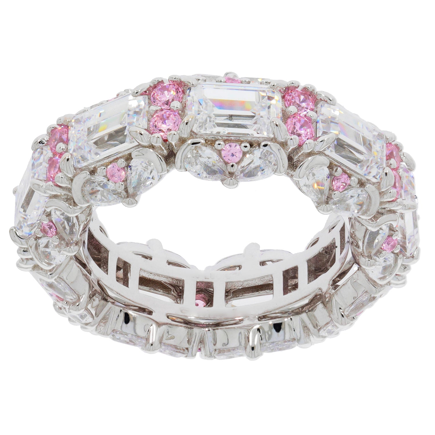 Elegant sterling silver ring featuring sparkling emerald-cut Moissanite and pink gemstones, perfect for luxury style.