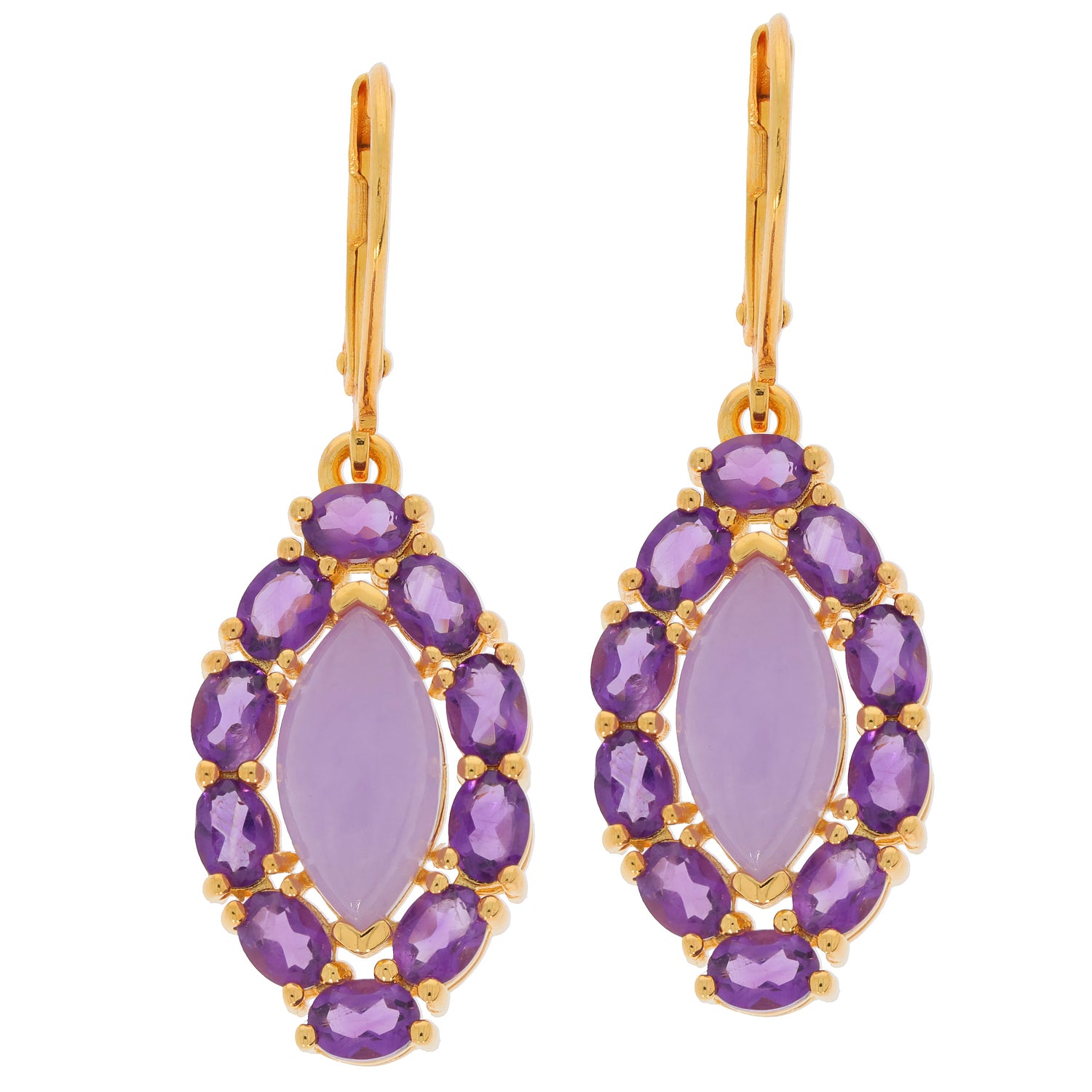 Elegant marquise purple amethyst sterling silver earrings with gold accents, showcasing luxurious gemstone brilliance.