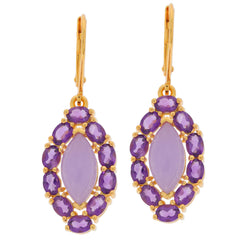 Elegant marquise purple amethyst sterling silver earrings with gold accents, showcasing luxurious gemstone brilliance.