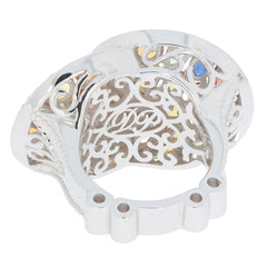 Multiple color sapphire sterling silver ring with diamond accents showcasing intricate design and gemstone brilliance.