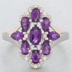 Elegant sterling silver ring featuring oval and pear-shaped purple amethyst gemstones, ideal for luxurious style.