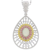 Teardrop pendant featuring an oval white opal center, surrounded by pink and yellow gemstones, set in silver.