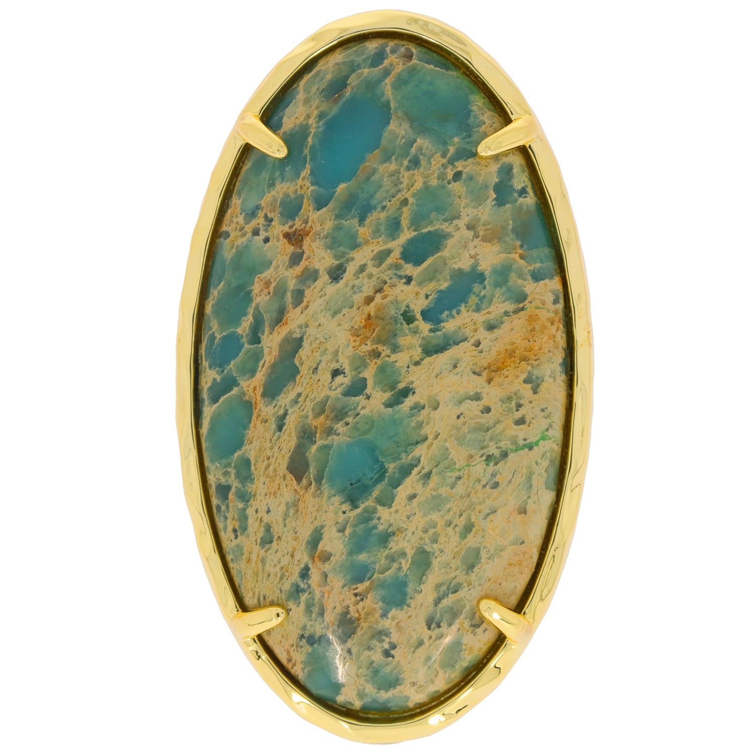 Oval blue turquoise gemstone set in gold, featuring a smooth surface and natural texture.