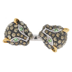 Elegant double-ended ring featuring green gemstones and black enamel accents, with gold-tone claw details.