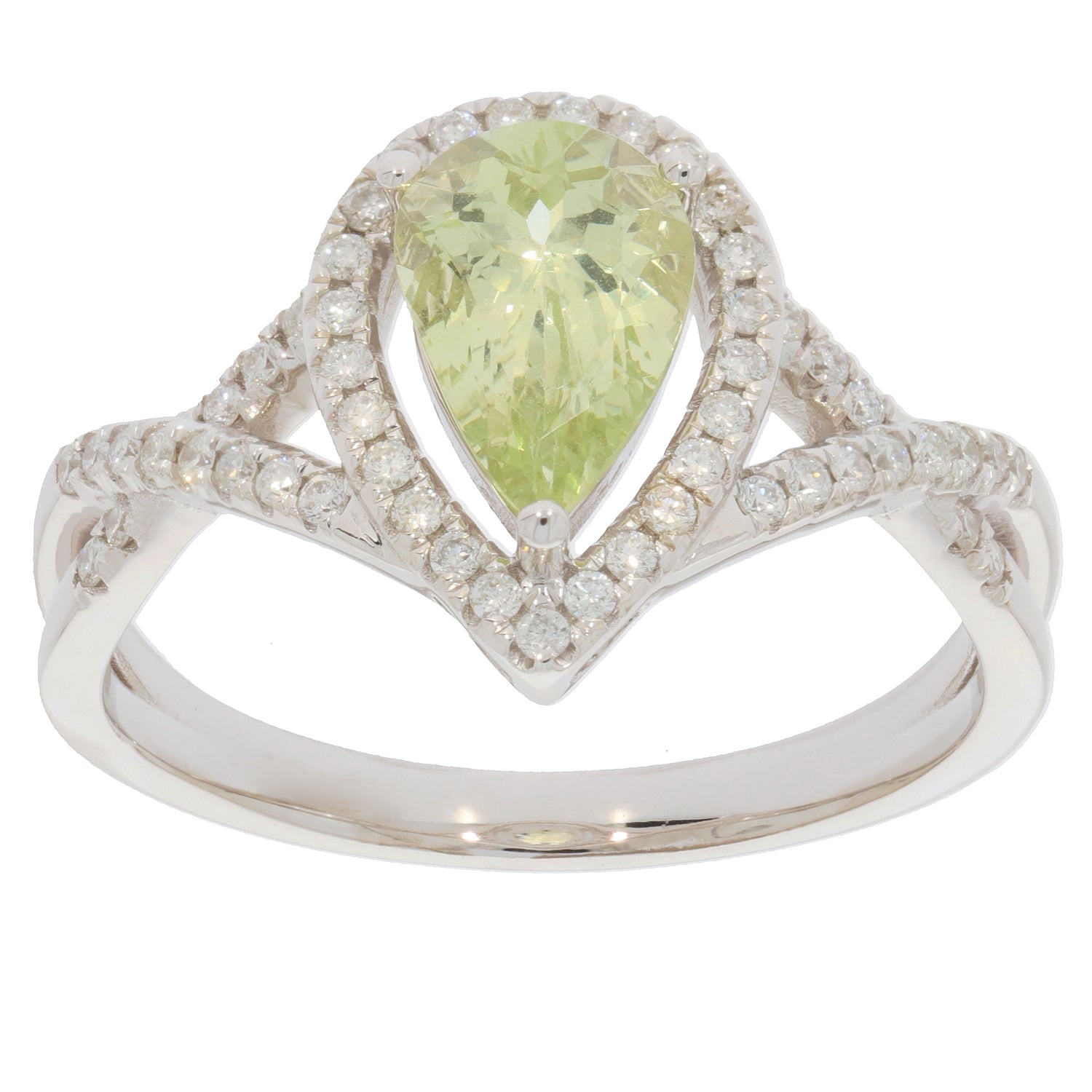 Green Peridot 14K White Gold Ring with Diamond Accent, elegant pear-shaped design, perfect for luxury jewelry collections.