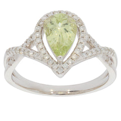 Green Peridot 14K White Gold Ring with Diamond Accent, elegant pear-shaped design, perfect for luxury jewelry collections.