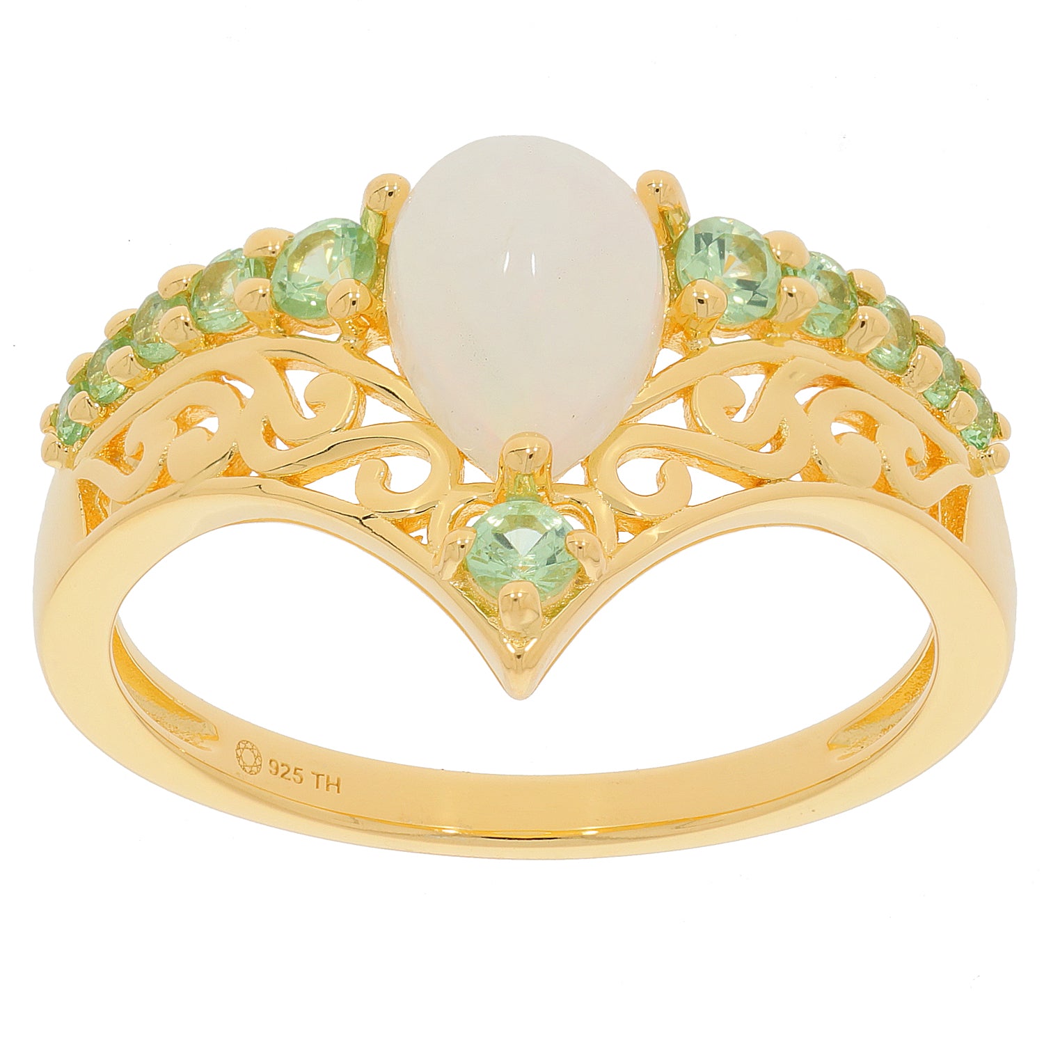 Pear white opal sterling silver ring with accents of sparkling gemstones in elegant gold design.