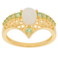 Pear white opal sterling silver ring with accents of sparkling gemstones in elegant gold design.