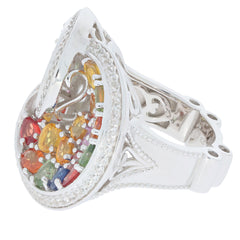 Multiple color sapphire sterling silver ring with diamond accent, featuring a luxurious design and sparkling gemstones.