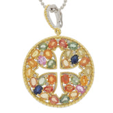 Colorful sapphire and sterling silver pendant with cross design, perfect for elegant occasions.