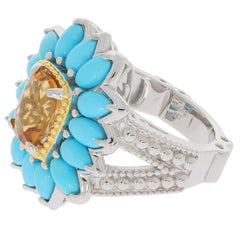 14X10 yellow citrine sterling silver ring with turquoise accents, showcasing a luxurious design and elegant gemstones.