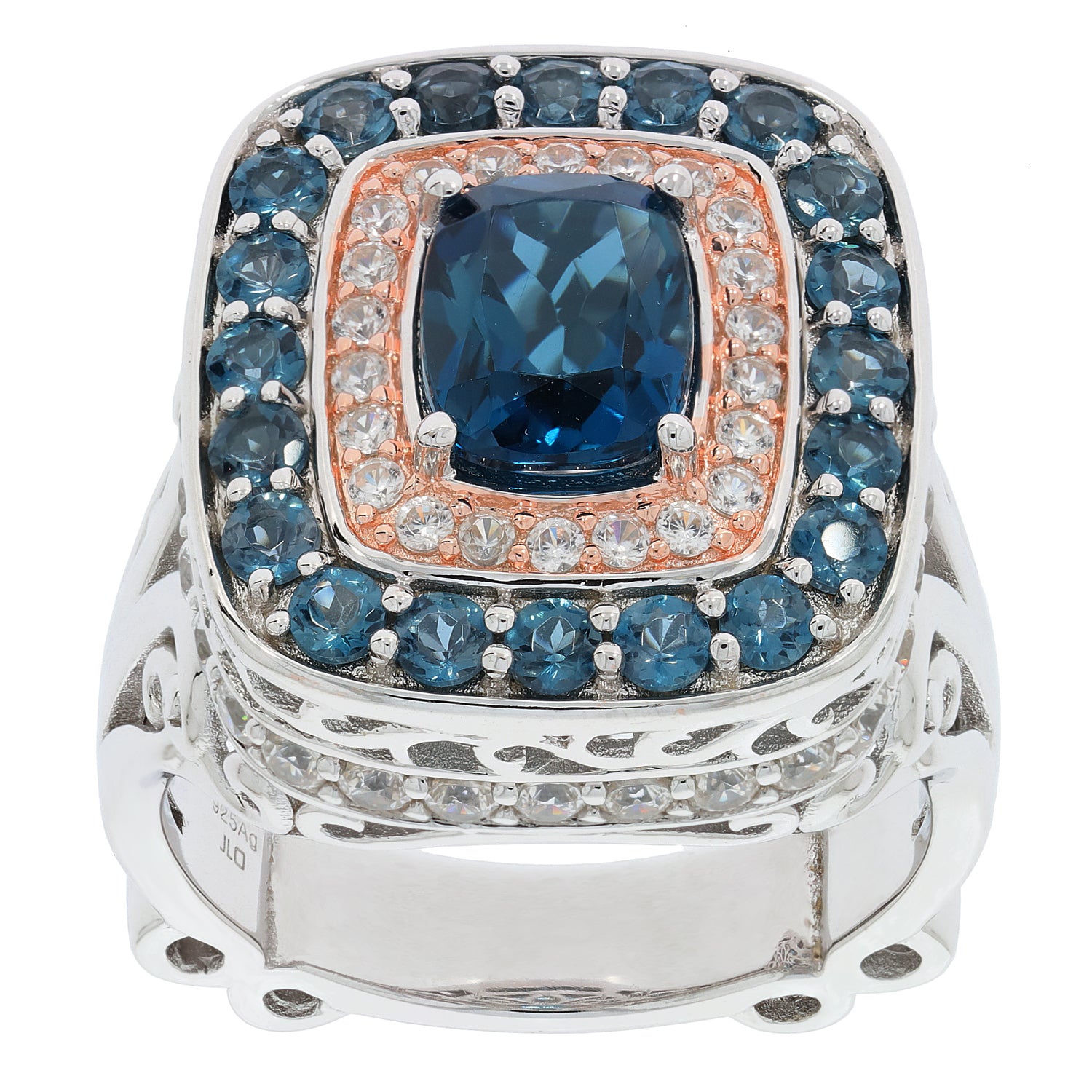 Cushion Blue London Topaz Sterling Silver Ring with Moissanite accents and intricate detailing.