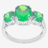 Elegant green garnet sterling silver ring featuring a central gemstone and two side accents, perfect for sophisticated style.
