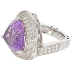 Trillion purple amethyst sterling silver ring with sparkling accents, showcasing luxury and elegance.