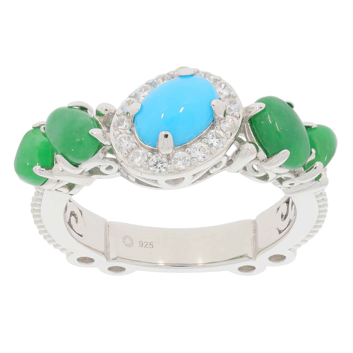 Blue turquoise and green gemstone sterling silver ring with sparkling accents, elegant jewelry piece.