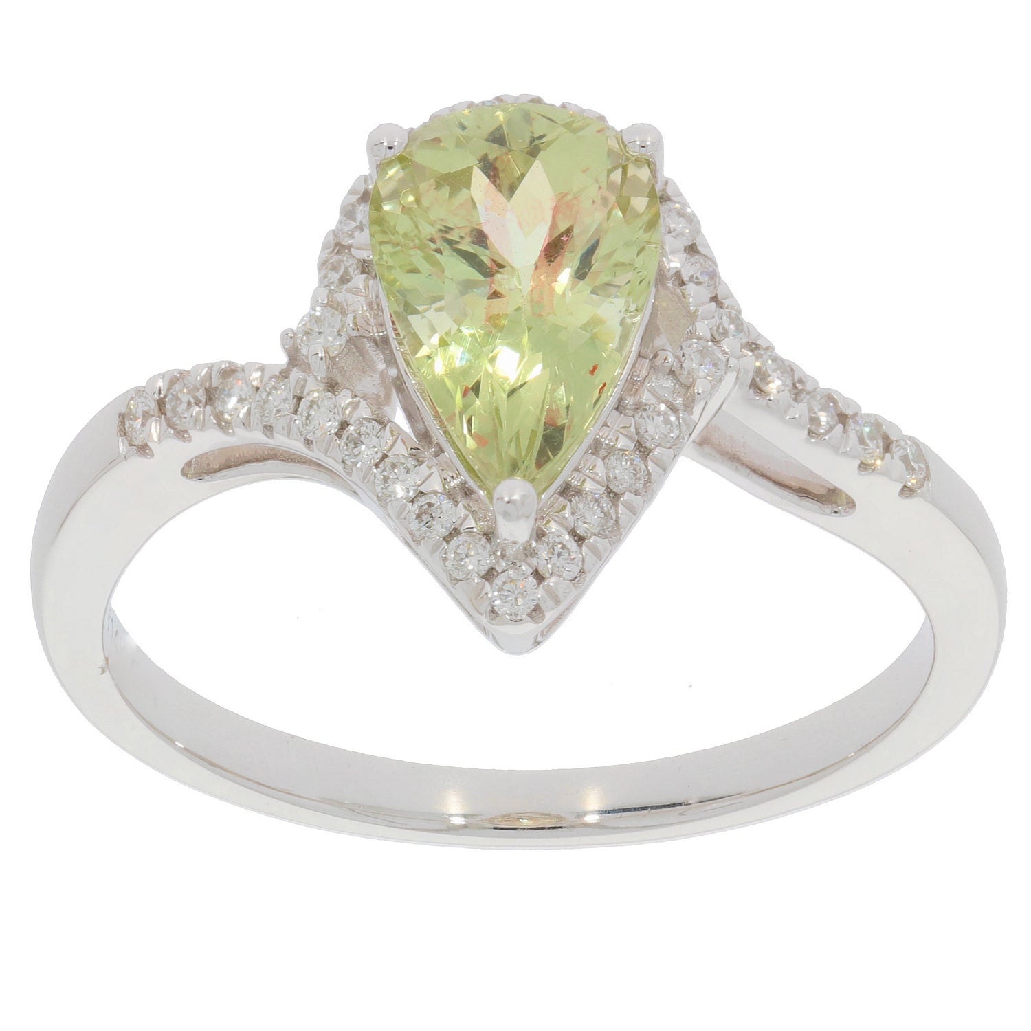 Elegant Green Peridot teardrop ring in 14K white gold with diamond accents, showcasing luxury and sophistication.